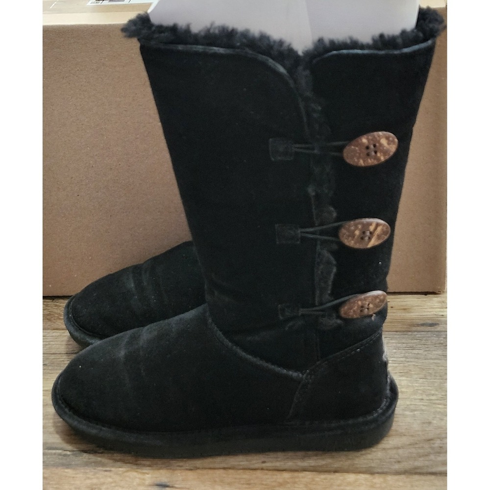 Bearpaw Boots Womens Size 6 Lauren Black Suede Winter Button Up Faux Fur Lined